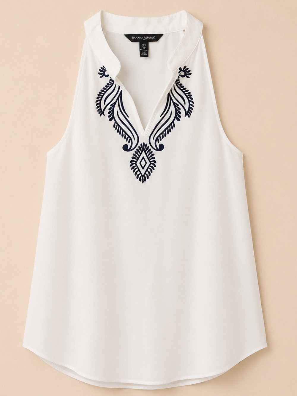 NEW / Banana Republic Embroidered Halter Blouse – White /Navy –  Size XS